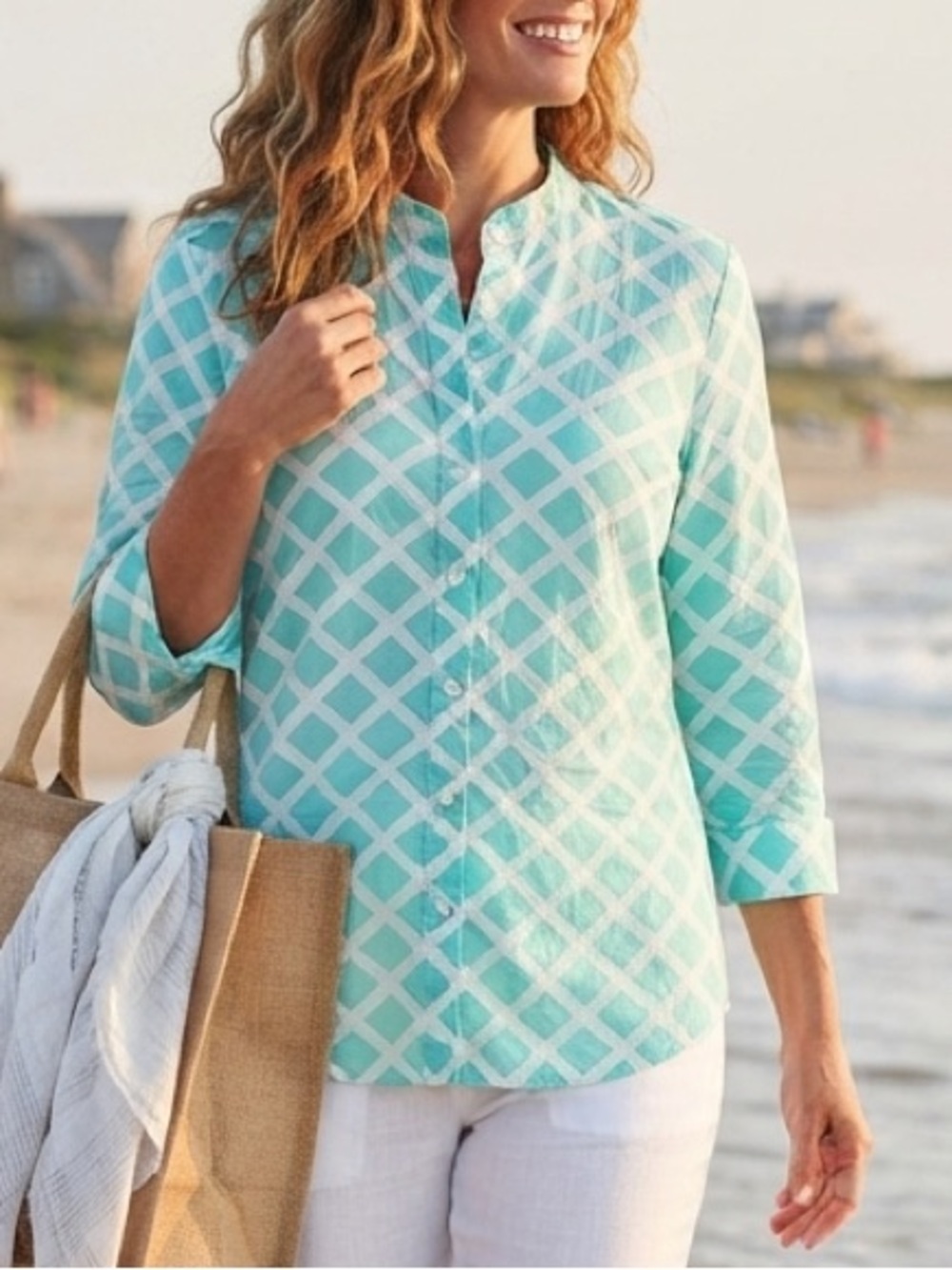 Silk Blend Teal White Geometric Diamond Pattern JCPenney Button Down Shirt L